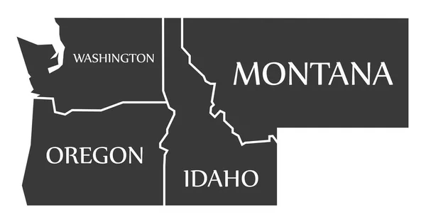 Washington - Oregon - Idaho - Montana kaart geëtiketteerd zwart — Stockvector