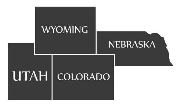 Utah - Wyoming - Colorado - Nebraska siyah etiketli harita — Stok Vektör