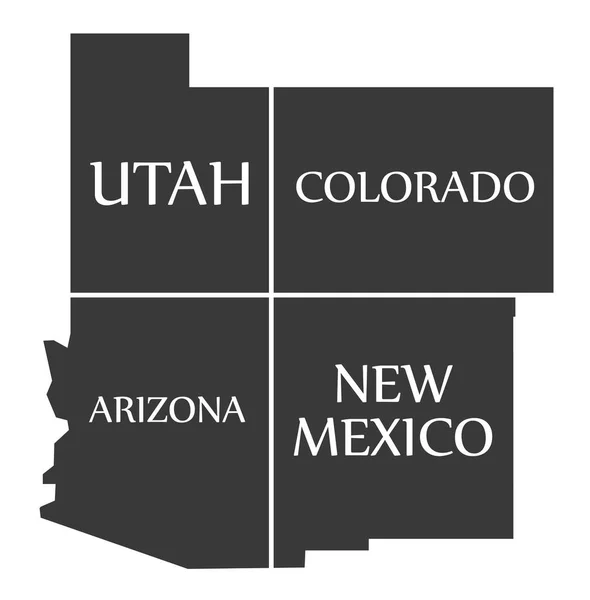 Utah - Colorado - Arizona - Nowa Mapa Meksyku oznakowane czarny — Wektor stockowy