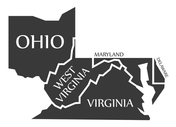 Ohio - Virginie-Occidentale - Virginie - Maryland - Delaware Carte étiquetée — Image vectorielle