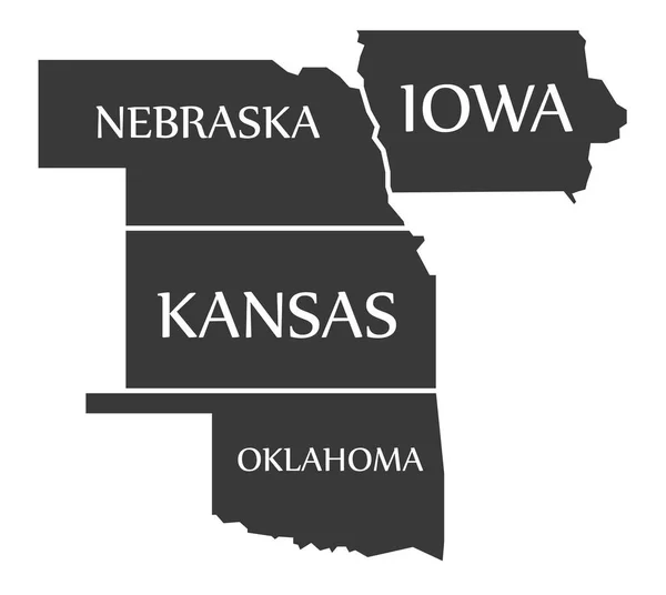 Nebraska - Kansas - Oklahoma - Iowa siyah etiketli harita — Stok Vektör