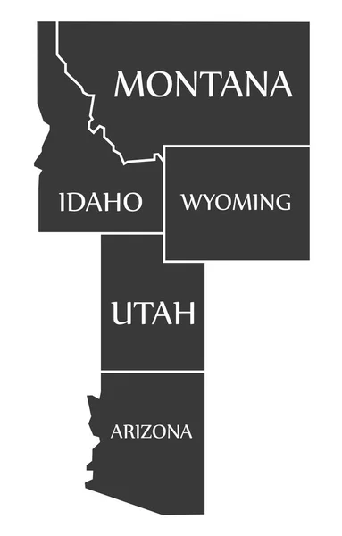 Montana - Idaho - Wyoming - Utah - Arizona kaart geëtiketteerd zwart — Stockvector