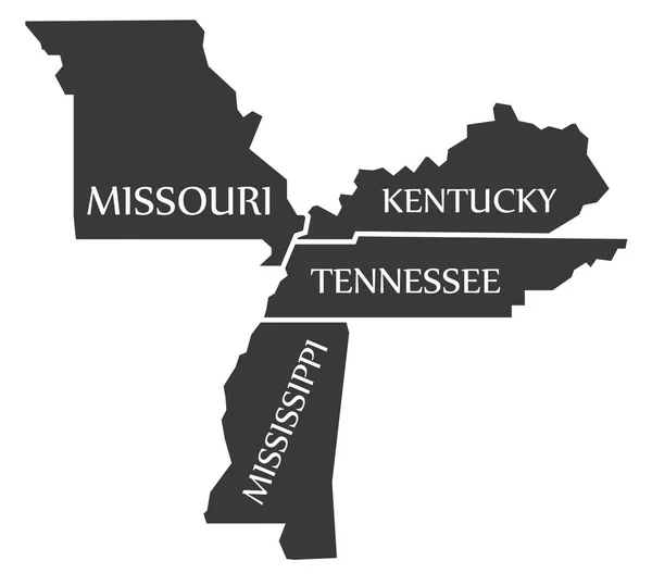 Missouri - Kentucky - Tennessee - Mississippi Mapa rotulado preto —  Vetores de Stock