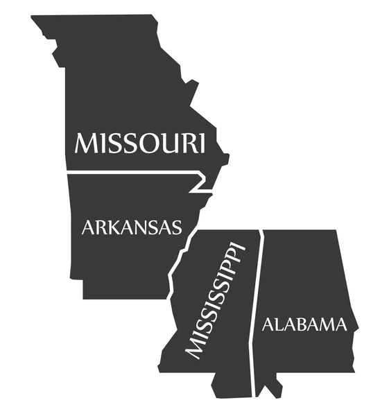 Missouri - Arkansas - Mississippi - Alabama megjelenítése címkézni fekete — Stock Vector