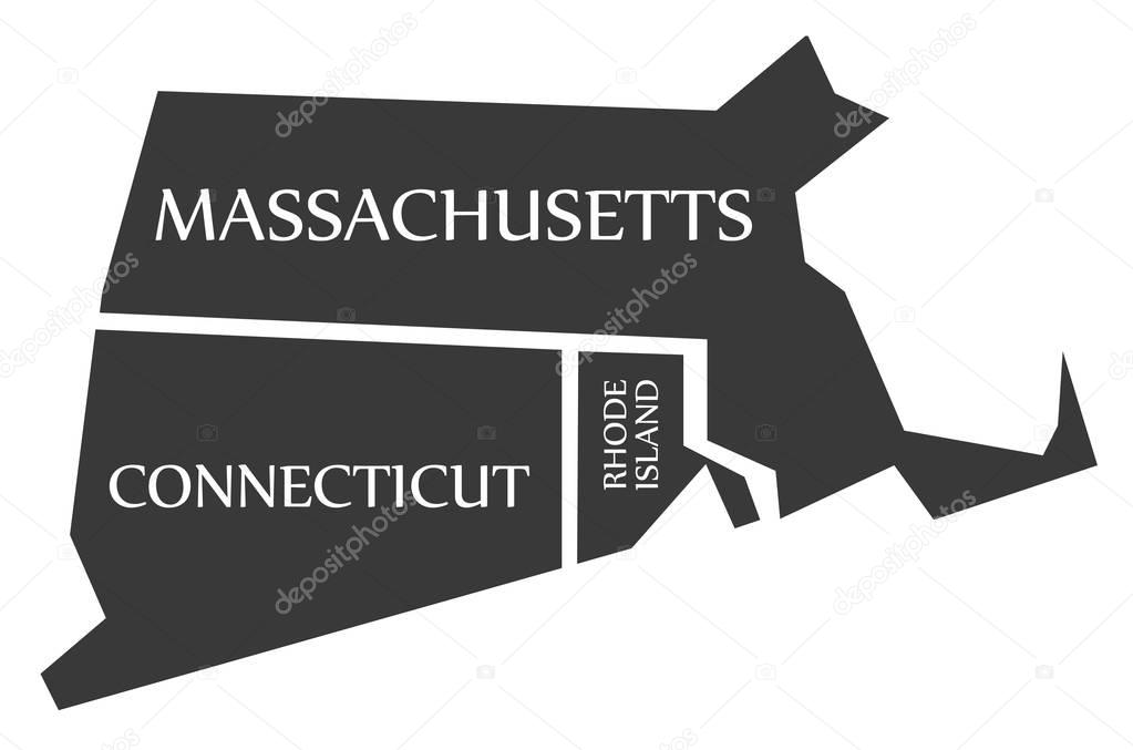 Massachusetts - Connecticut - Rhode Island Map labelled black