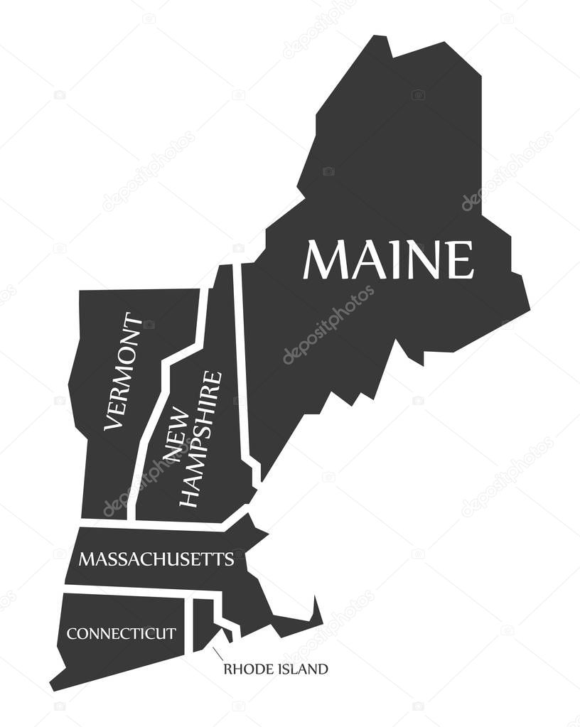 Maine - New Hampshire - Vermont - Massachusetts Map labelled bla