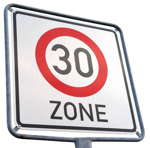 Zona molhada alemã 30 aviso e sinal de estrada isolado — Fotografia de Stock
