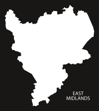 East Midlands İngiltere harita siyah ters