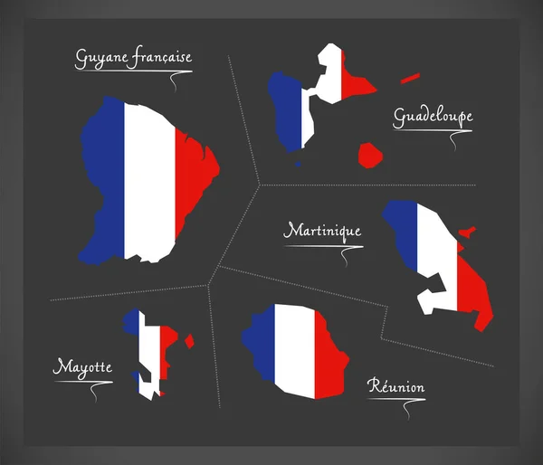 Carte des départements français d'outre-mer avec illust drapeau national français — Image vectorielle