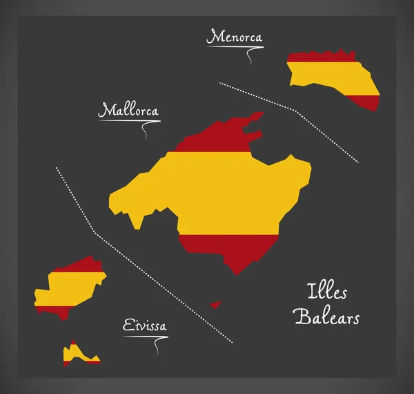 Illes Balears mapa com a ilustração da bandeira nacional espanhola —  Vetores de Stock