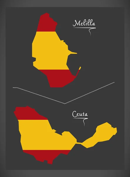 Karte von Melilla und Ceuta mit Abbildung der spanischen Nationalflagge — Stockvektor