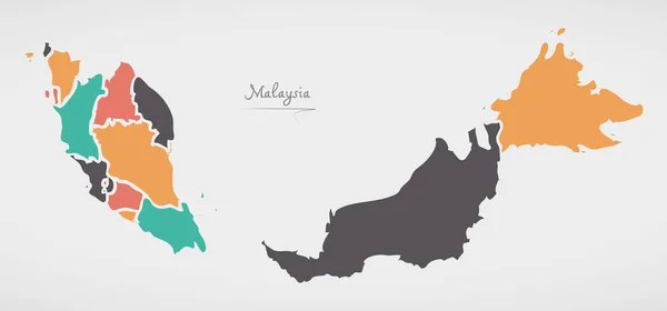 Mapa Malajsie se státy a moderní kulaté tvary — Stockový vektor