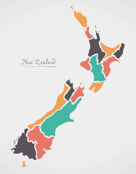 Nuova Zelanda Mappa con stati e forme rotonde moderne — Vettoriale Stock