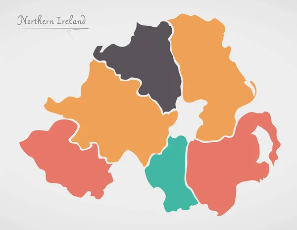 Irlande du Nord Carte avec des états et des formes rondes modernes — Image vectorielle