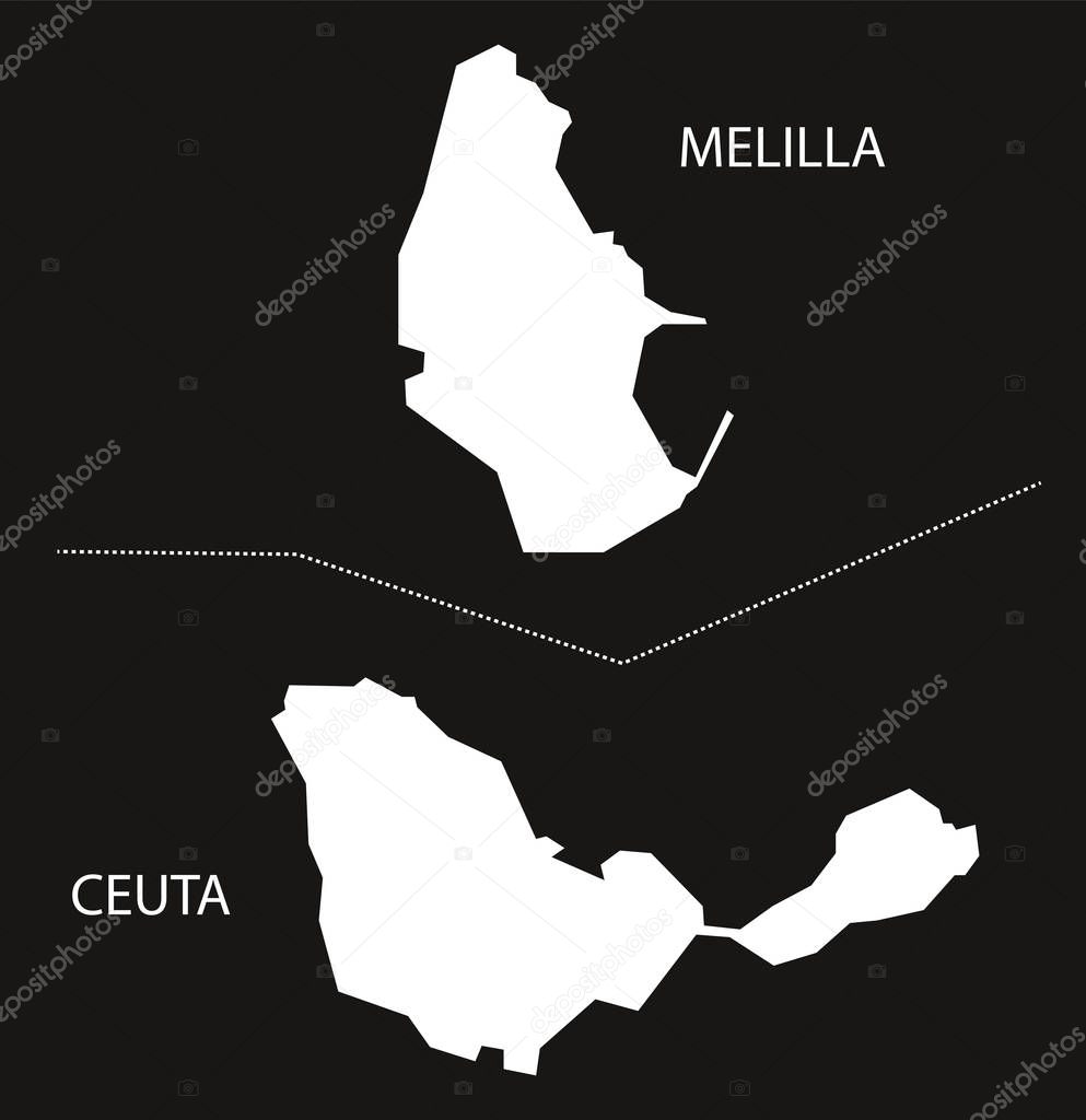 Melilla and Ceuta Spain map black inverted silhouette illustrati