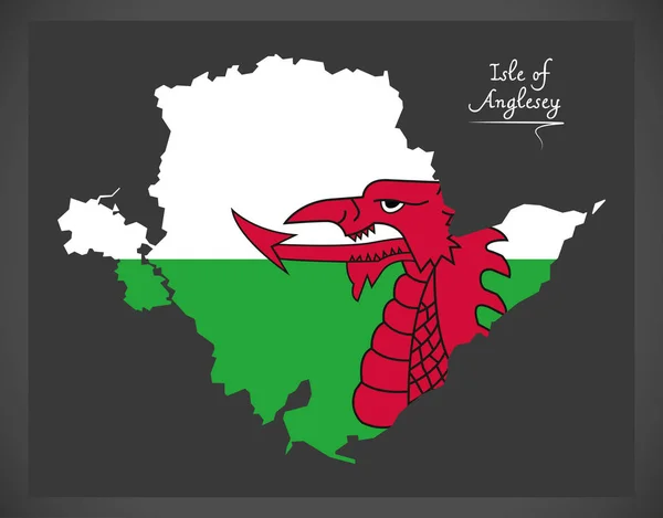 Eiland van Anglesey in Wales kaart met illustratie van de Welsh vlag — Stockvector