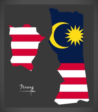 Penang Malaysia map with Malaysian national flag illustration clipart