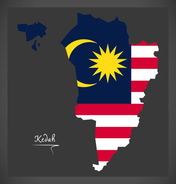 Kedah Maleisië kaart met illustratie van de Maleisische nationale vlag — Stockvector