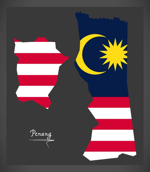 Penang Malaysia karta med Malaysiska nationella flagga illustration — Stock vektor