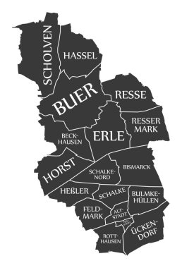 Gelsenkirchen şehir haritası Almanya De siyah illüstrasyon etiketli