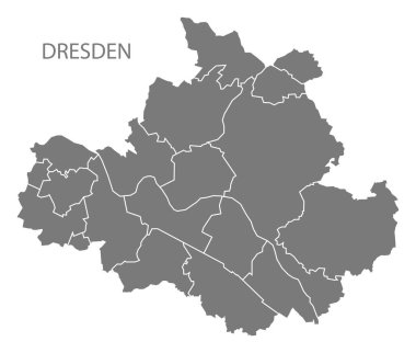 Dresden şehir haritası ilçeler ile gri illüstrasyon siluet shap