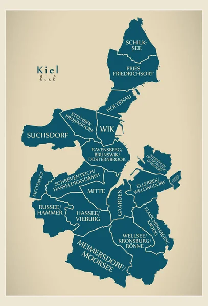 Modern şehir haritası - Almanya Kiel şehir kasaba ve başlıklar — Stok Vektör