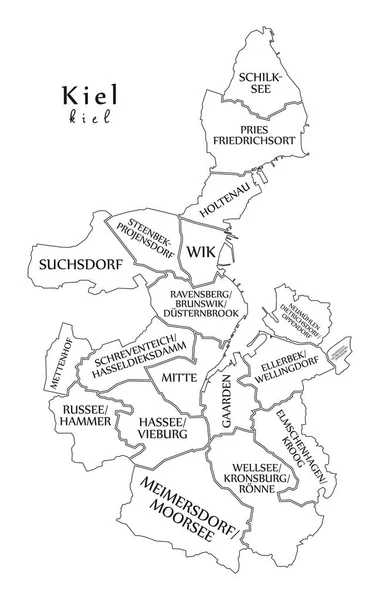 Mappa della città moderna - Kiel città della Germania con borghi e titoli — Vettoriale Stock