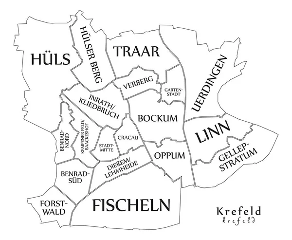 Mappa della città moderna - Krefeld città della Germania con borghi e titoli — Vettoriale Stock