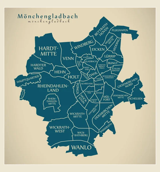Mapa da cidade moderna - Moenchengladbach cidade da Alemanha com boroughs —  Vetores de Stock