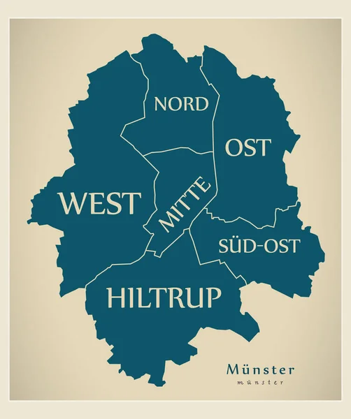 Mapa de la ciudad moderna - Munster ciudad de Alemania con municipios y título — Archivo Imágenes Vectoriales