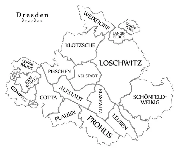 Mappa della città moderna - Dresda città della Germania con borghi e titoli — Vettoriale Stock