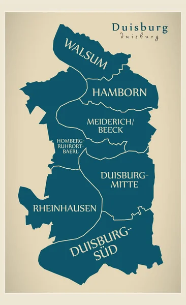 Mapa de la ciudad moderna - Duisburg ciudad de Alemania con barrios y teta — Vector de stock