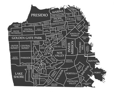 San Francisco şehir haritası ABD siyah illüstrasyon etiketli