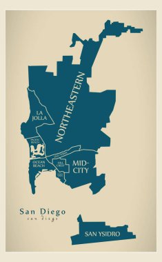 Modern şehir haritası - ilçeler ve TI ile ABD'nin San Diego şehir