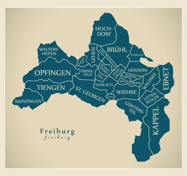 Mapa de la ciudad moderna - Freiburg ciudad de Alemania con barrios y teta — Vector de stock