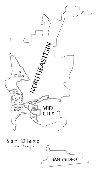 Plattegrond van de moderne stad - San Diego stad van de VS met boroughs en ti — Stockvector