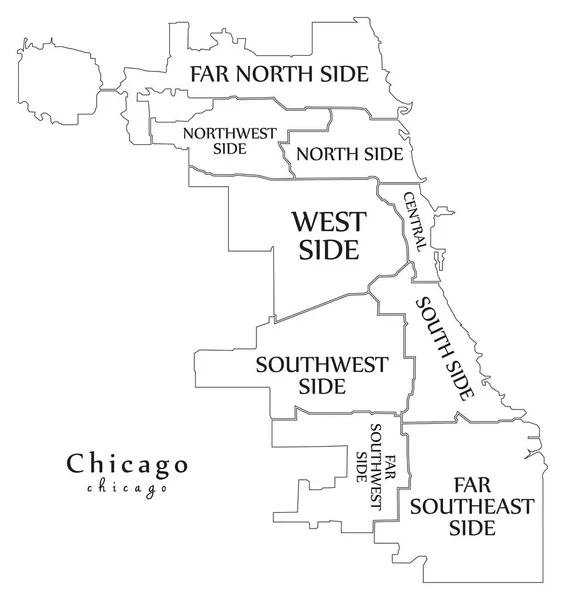 Mapa de la ciudad moderna - Chicago ciudad de los Estados Unidos con distritos y título — Vector de stock