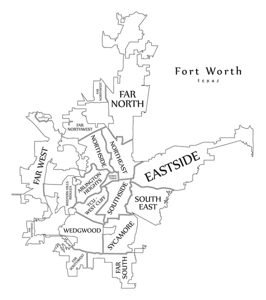 Mapa de la ciudad moderna - Fort Worth Texas City of the USA barrios — Archivo Imágenes Vectoriales