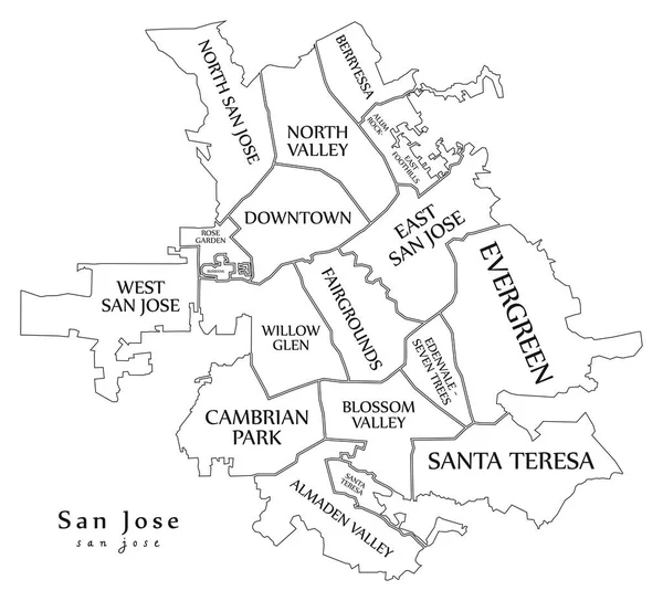 Mappa della città moderna - San Jose città degli Stati Uniti con quartieri e — Vettoriale Stock