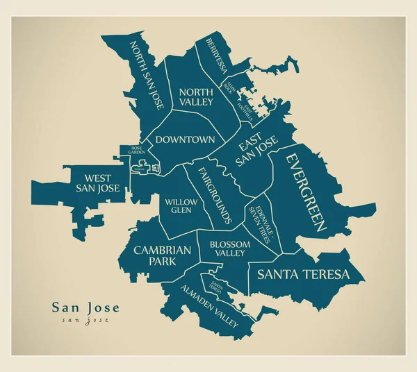 Mappa della città moderna - San Jose città degli Stati Uniti con quartieri e — Vettoriale Stock