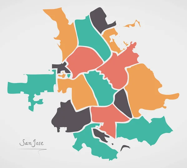 San Jose California Mapa com boroughs e formas redondas modernas —  Vetores de Stock