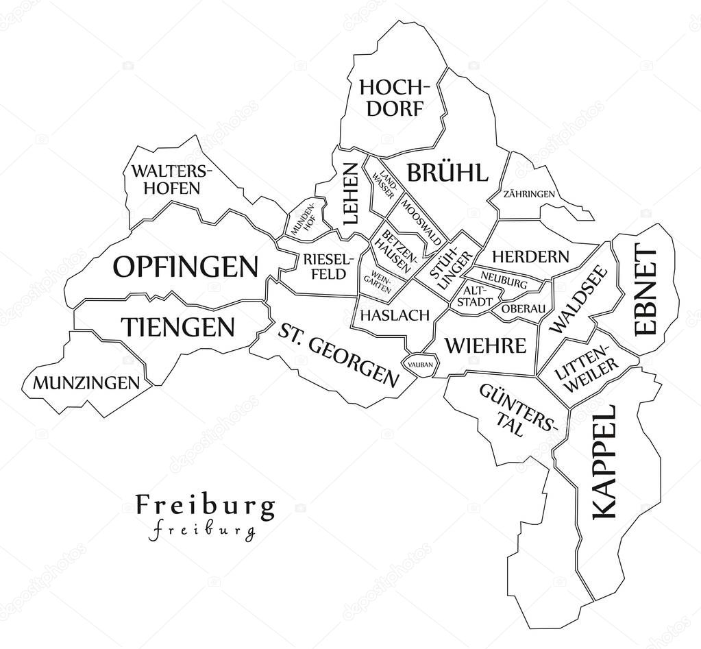 Modern City Map - Freiburg city of Germany with boroughs and tit