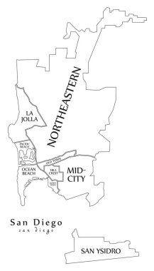 Modern şehir haritası - ilçeler ve TI ile ABD'nin San Diego şehir