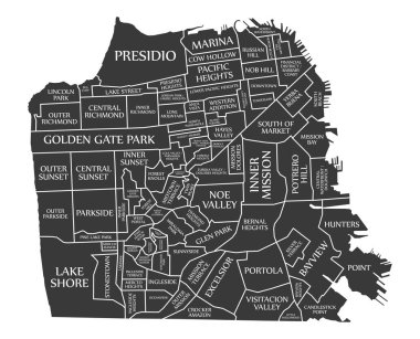 San Francisco şehir haritası ABD siyah illüstrasyon etiketli