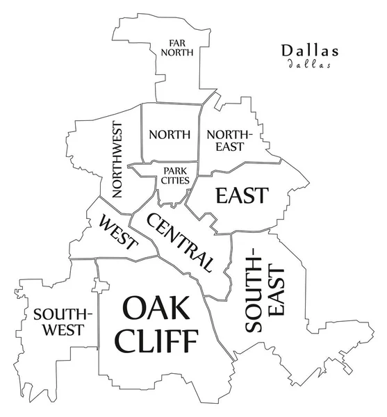 Mapa de la ciudad moderna - Dallas Texas ciudad de los Estados Unidos con distritos y — Archivo Imágenes Vectoriales