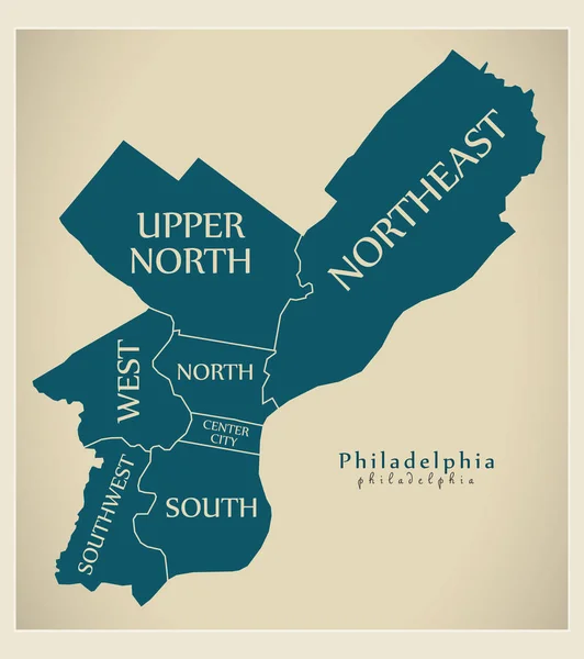 Mappa della città moderna - Filadelfia città degli Stati Uniti con distretti e — Vettoriale Stock