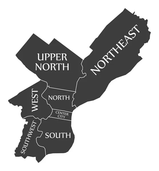 Philadelphia mappa della città Stati Uniti etichettato nero illustrazione — Vettoriale Stock