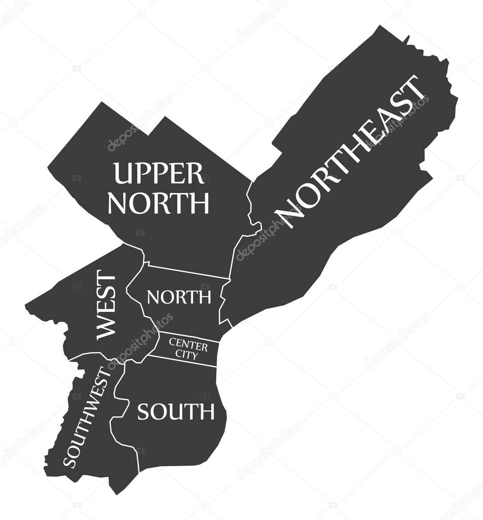 Philadelphia city map USA labelled black illustration