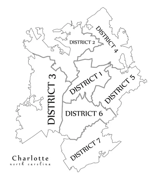 Mapa de la ciudad moderna - Charlotte Carolina del Norte ciudad de los Estados Unidos con distritos y títulos esquema mapa — Archivo Imágenes Vectoriales