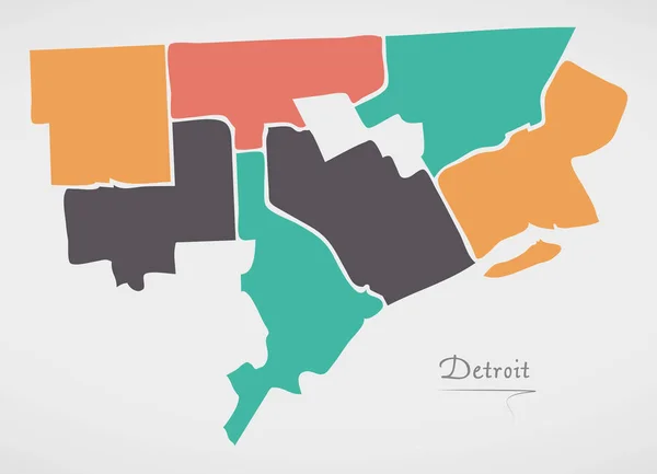 Detroit Michigan Mapa con barrios y formas redondas modernas — Vector de stock